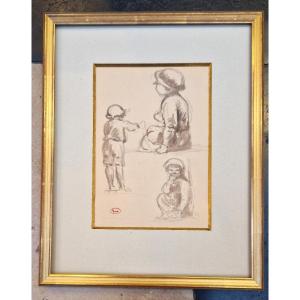 Maximilien Luce 1858-1941 Children Ink Wash Drawing