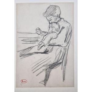 Maximilien Luce 1858-1941 La Bouillie Madame Luce And Her Son Black Pencil Drawing