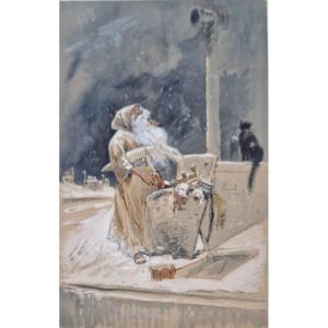 René Leverd 1872-1938  Le Père Noël Aquarelle