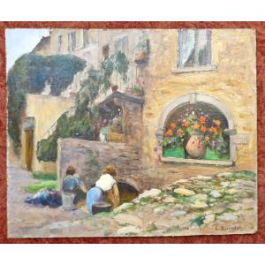 Edmond Quinton 1892-1969 Washerwomen In Provence Oil On Isorel