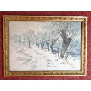 Frank Myers Boggs 1855-1926 Les Vieux Saules Sous La Neige Aquarelle