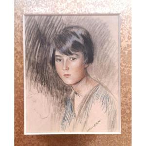 William Ablett 1877-1936 Portrait Of A Young Girl Pastel