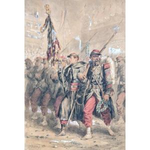 Hippolyte Bellangé 1800-1866 Soldiers Returning From Crimea Large Watercolor