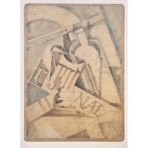 Albert Coste 1895-1985 Composition Cubiste Au Verre, Bouteille Et Journal Aquarelle