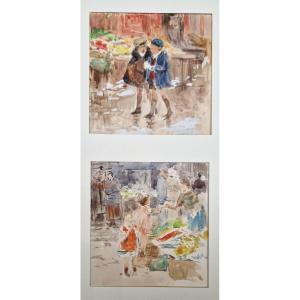 Victor Gabriel Gilbert 1847-1935 Children And Merchants Of Four Seasons Watercolor