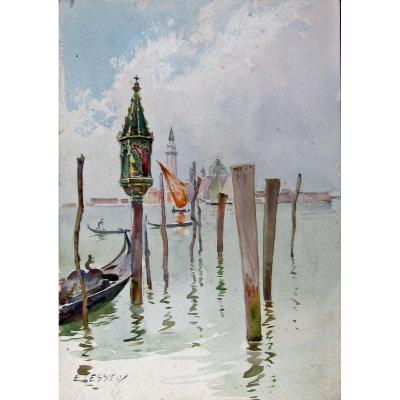 Louis Ernest Lessieux 1846-1925 View From Venice Watercolor