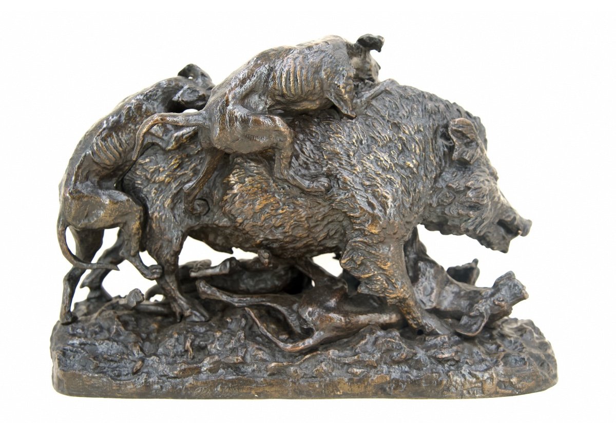 Sanglier attaqué par quatre chiens - Bronze de Christophe Fratin (1801 - 1864)-photo-2