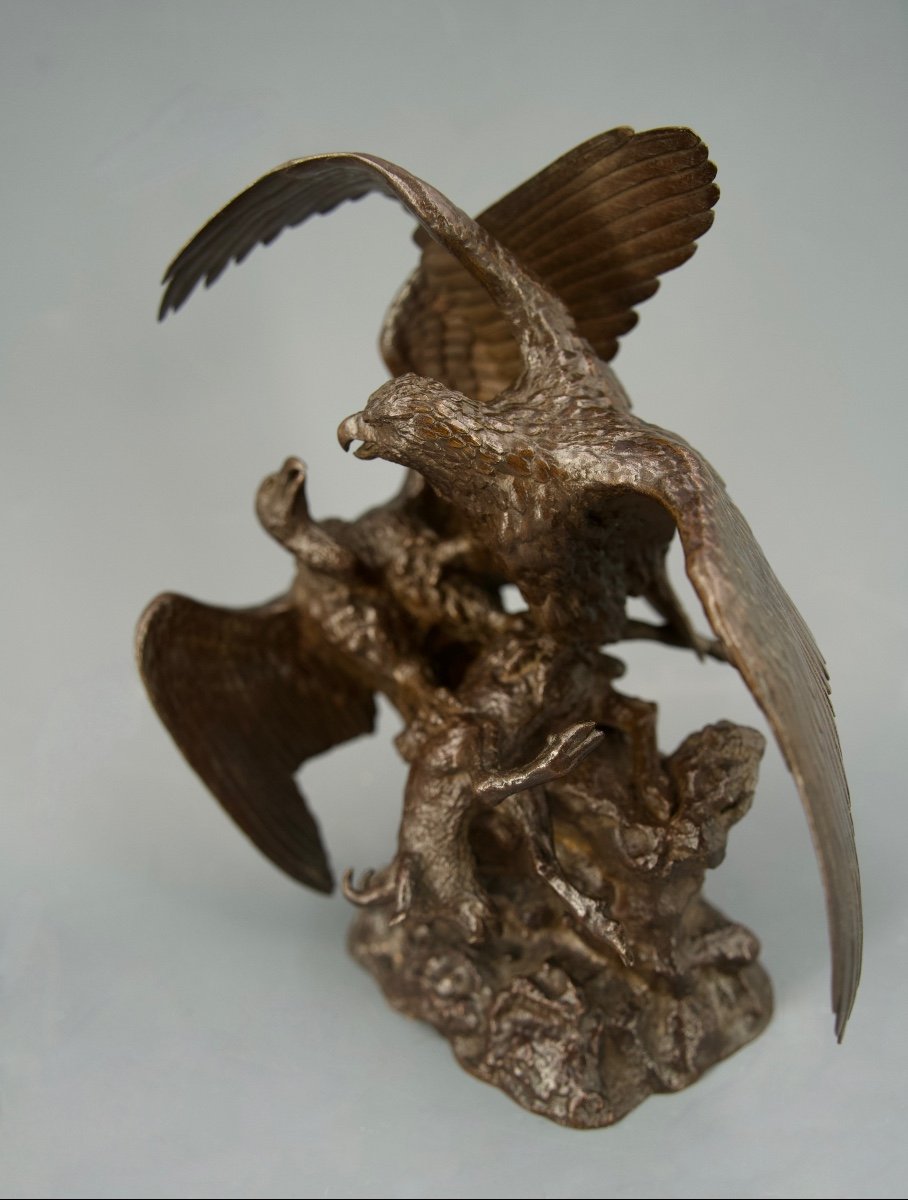 Eagle And Vulture Fighting Over A Chamois - Bronze By Christophe Fratin (1801 - 1864)-photo-3