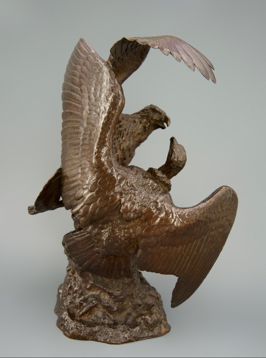 Eagle And Vulture Fighting Over A Chamois - Bronze By Christophe Fratin (1801 - 1864)-photo-1