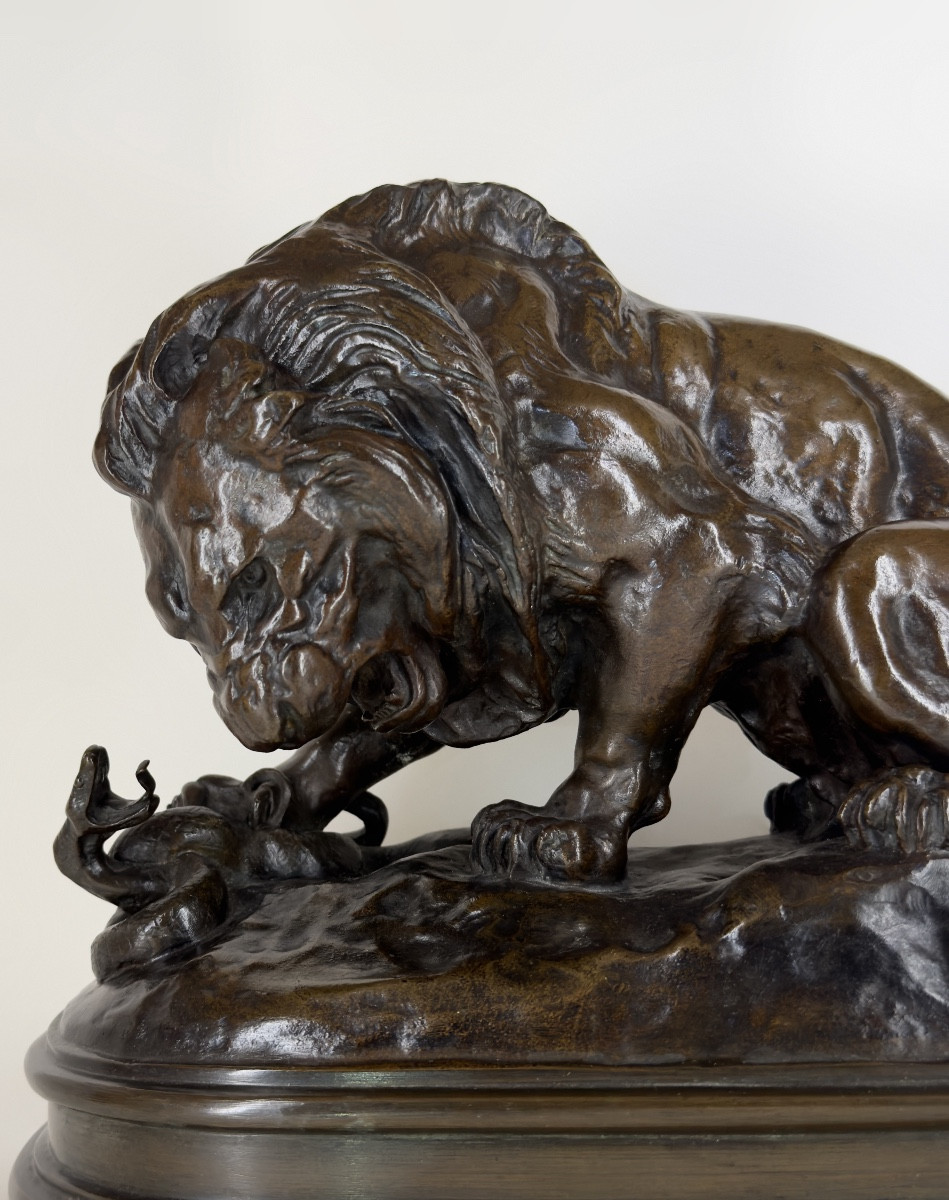 Lion With Snake N°1 -bronze By Antoine-louis Barye (1795 - 1875)-photo-2