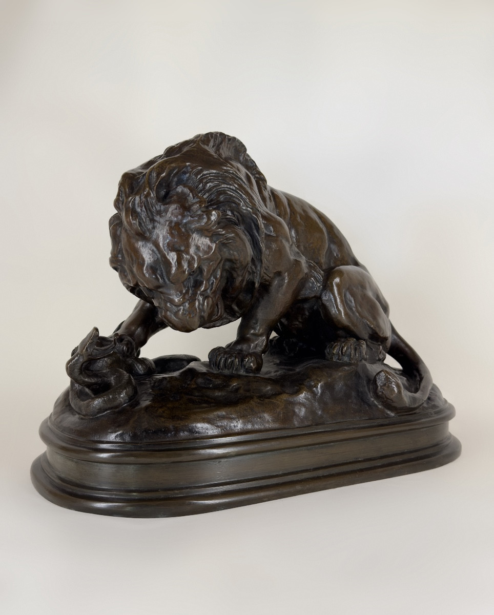 Lion With Snake N°1 -bronze By Antoine-louis Barye (1795 - 1875)-photo-3