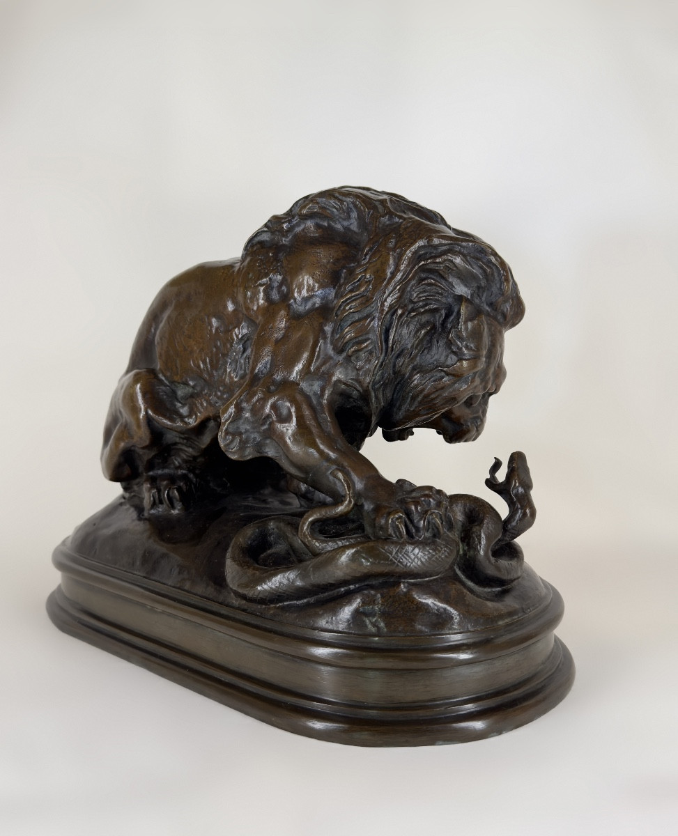 Lion With Snake N°1 -bronze By Antoine-louis Barye (1795 - 1875)-photo-4