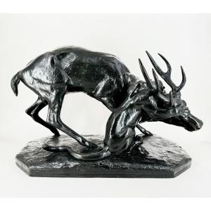 Panthère saisissant un cerf - Bronze d'Antoine-louis Barye (1795 - 1875)