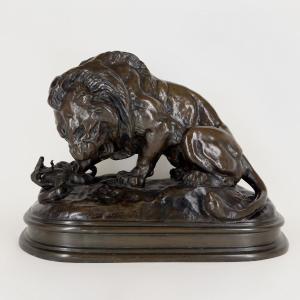 Lion With Snake N°1 -bronze By Antoine-louis Barye (1795 - 1875)