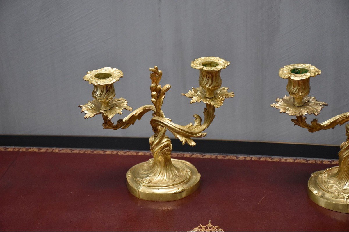 Pair Of Gilt Bronze French Candelabra, 19th Century-photo-2