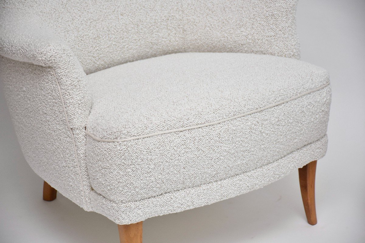 Paire De Fauteuils 'farmor' Du 20e Siècle Par Carl Malmsten En Tissu Bouclé Dedar -photo-2