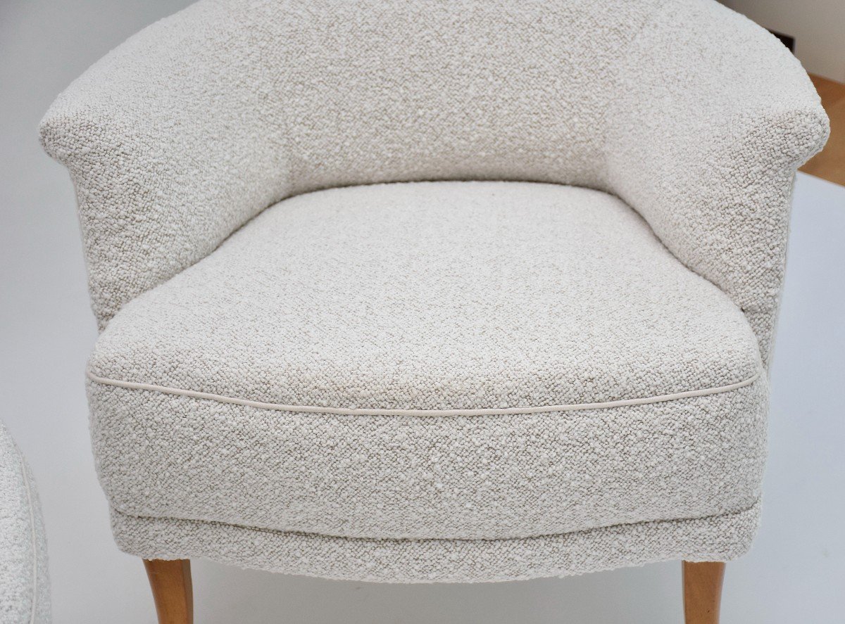 Paire De Fauteuils 'farmor' Du 20e Siècle Par Carl Malmsten En Tissu Bouclé Dedar -photo-3