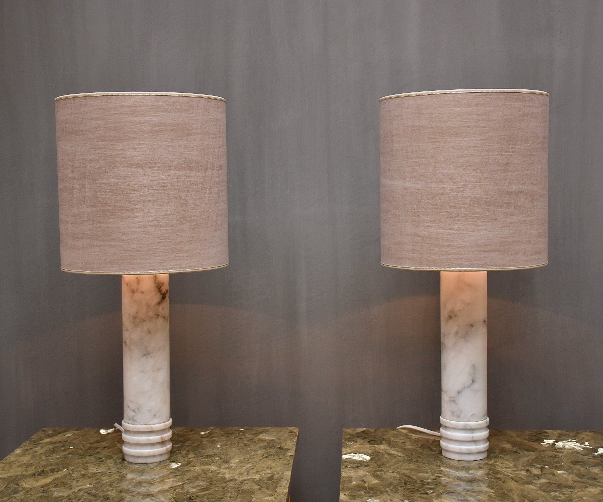 Pair Of Mid Century Swedish Carrara Marble Table Lamps