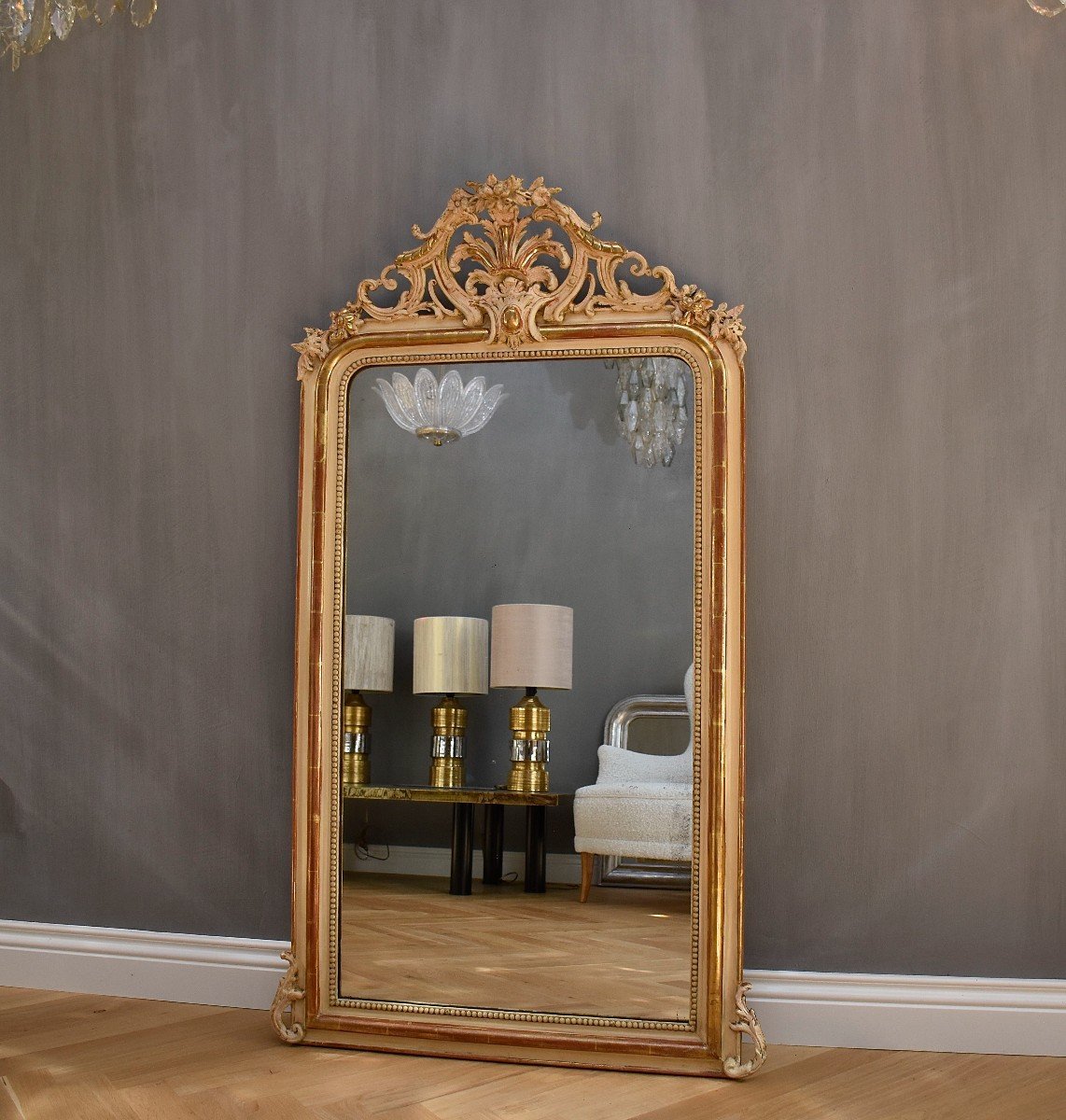 Miroir 19ème Siècle En Bois Et Stuc Feuille d'Or 