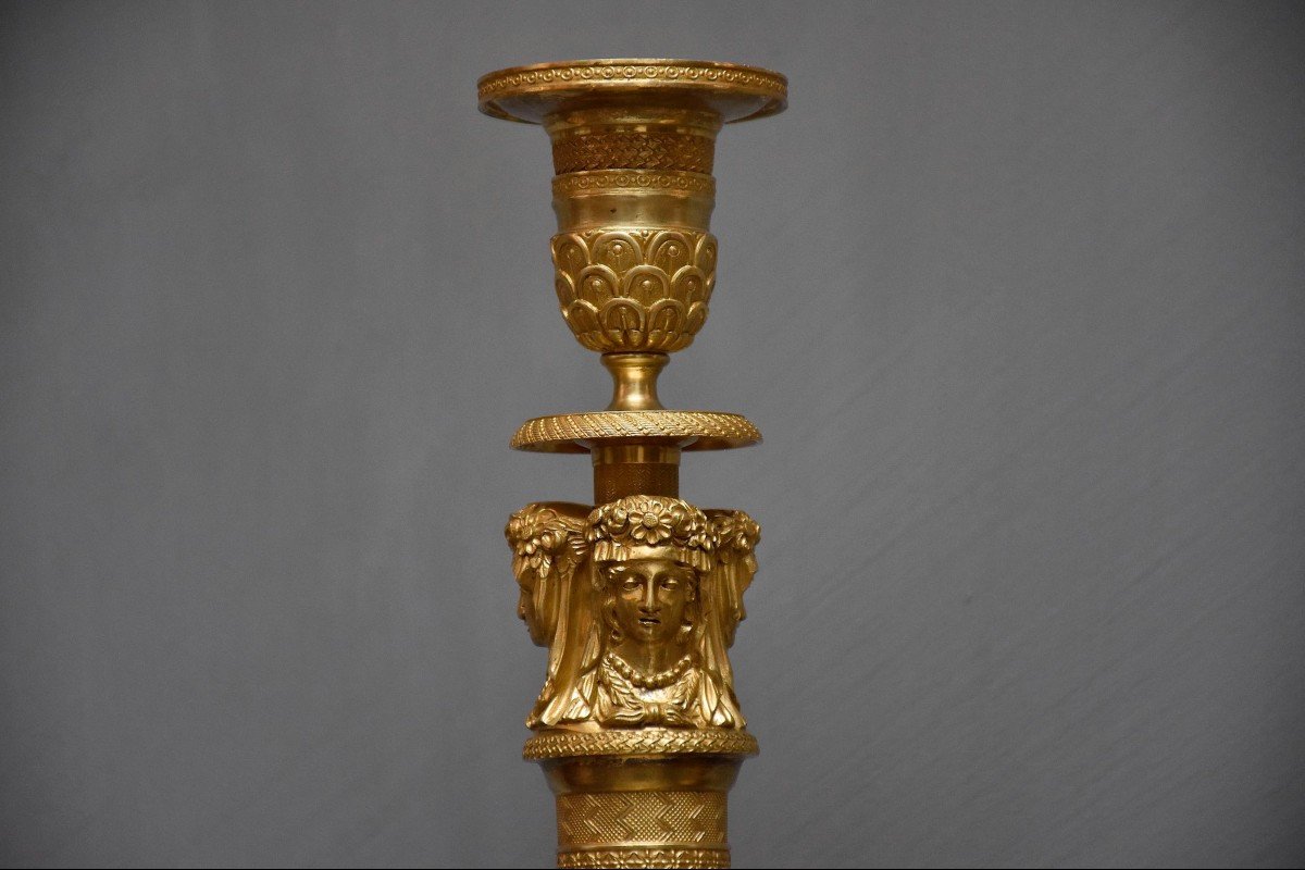 A Pair Of Gilt Bronze French Candlesticks, 19th Century-photo-2