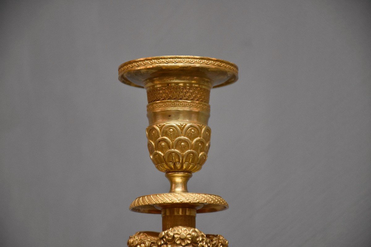 A Pair Of Gilt Bronze French Candlesticks, 19th Century-photo-3