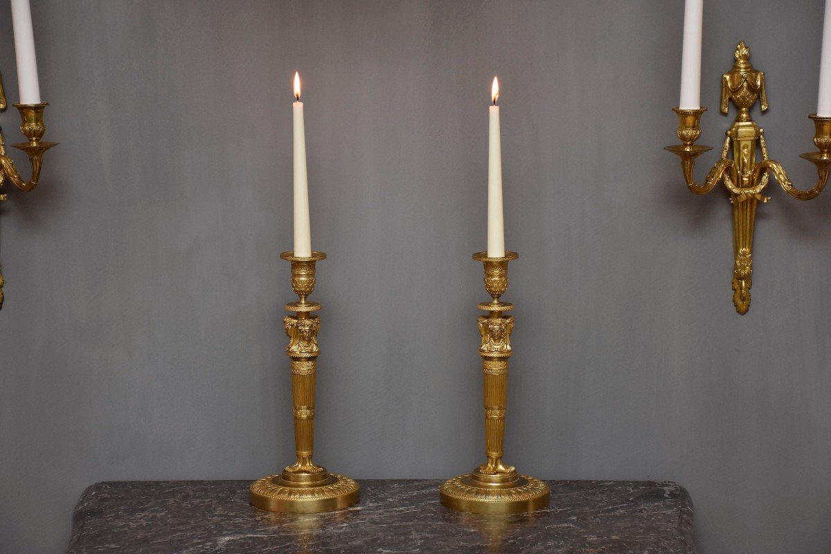 A Pair Of Gilt Bronze French Candlesticks, 19th Century-photo-4