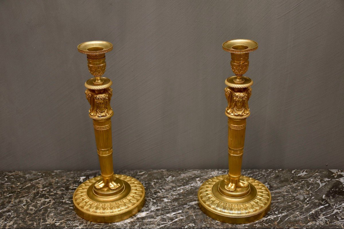 A Pair Of Gilt Bronze French Candlesticks, 19th Century-photo-5