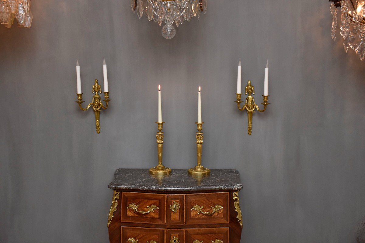 A Pair Of Gilt Bronze French Candlesticks, 19th Century-photo-6