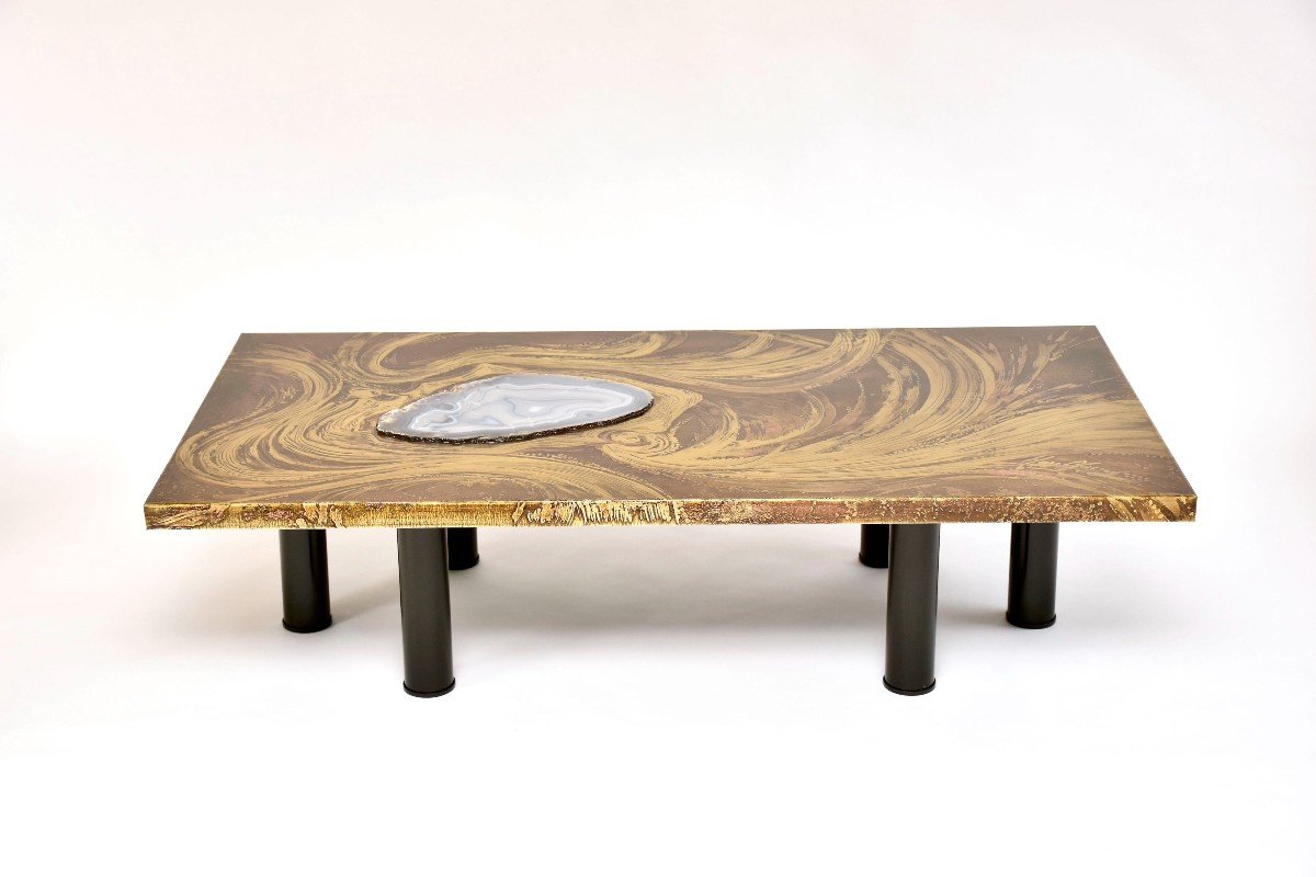 Brass Coffee Table With Agate By Marc d'Haenens, Signed, Mid Century Modern-photo-2