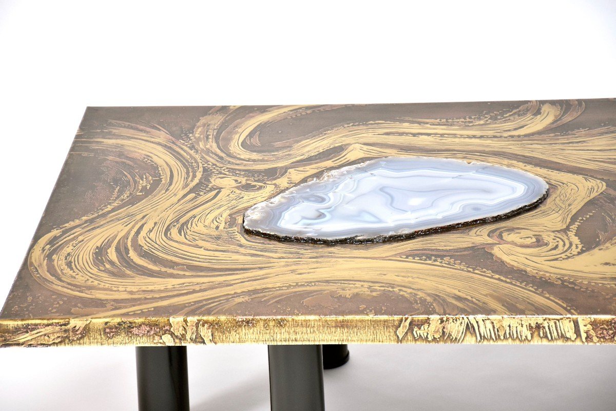 Brass Coffee Table With Agate By Marc d'Haenens, Signed, Mid Century Modern-photo-3