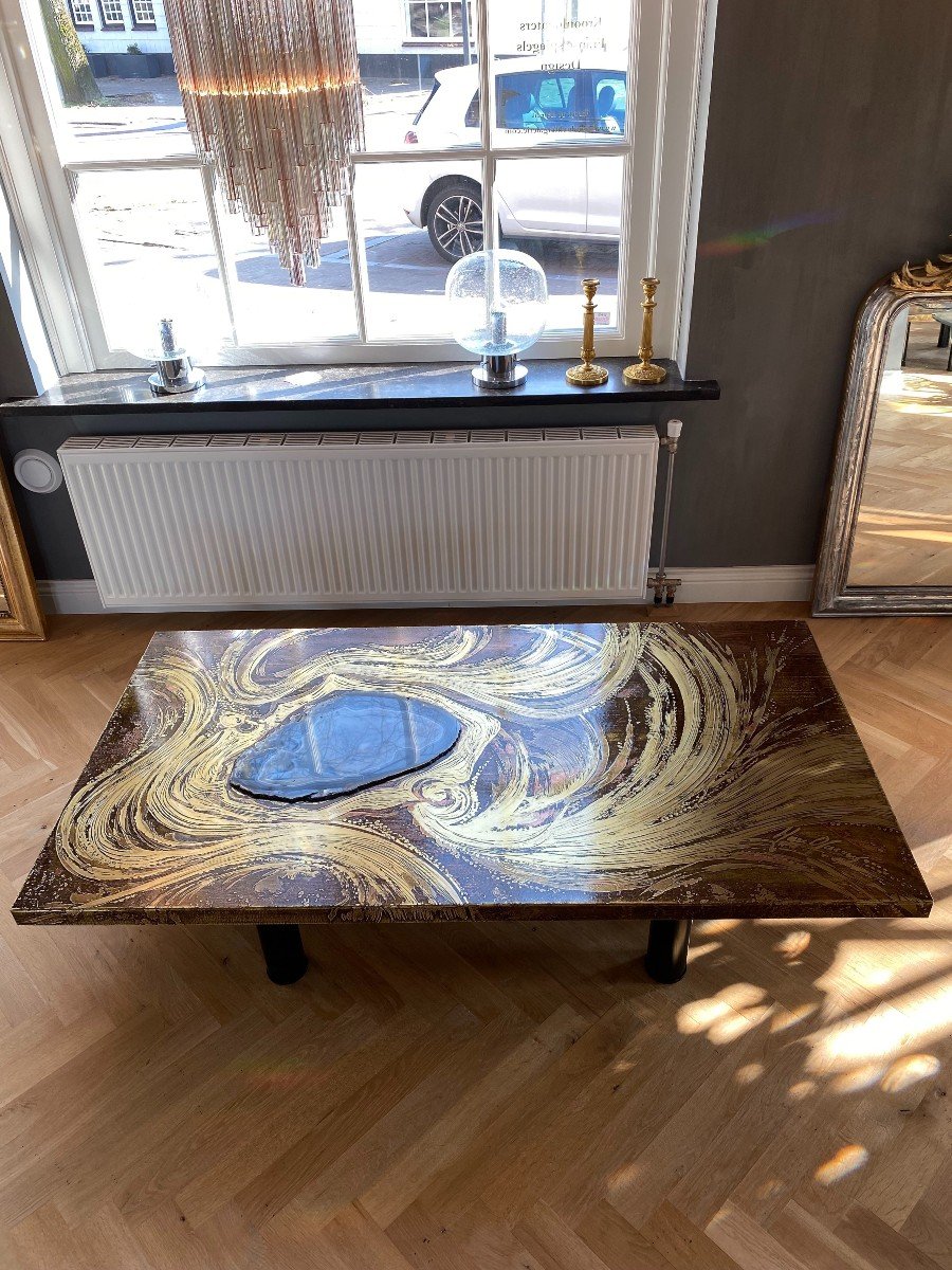 Brass Coffee Table With Agate By Marc d'Haenens, Signed, Mid Century Modern-photo-4