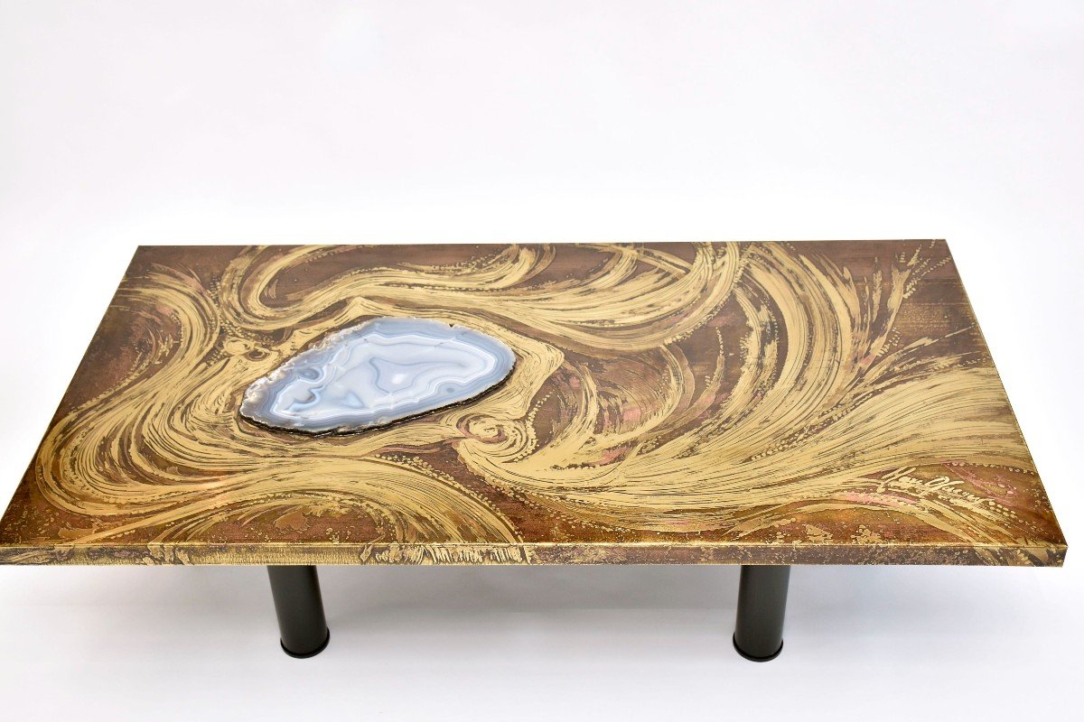 Brass Coffee Table With Agate By Marc d'Haenens, Signed, Mid Century Modern-photo-1