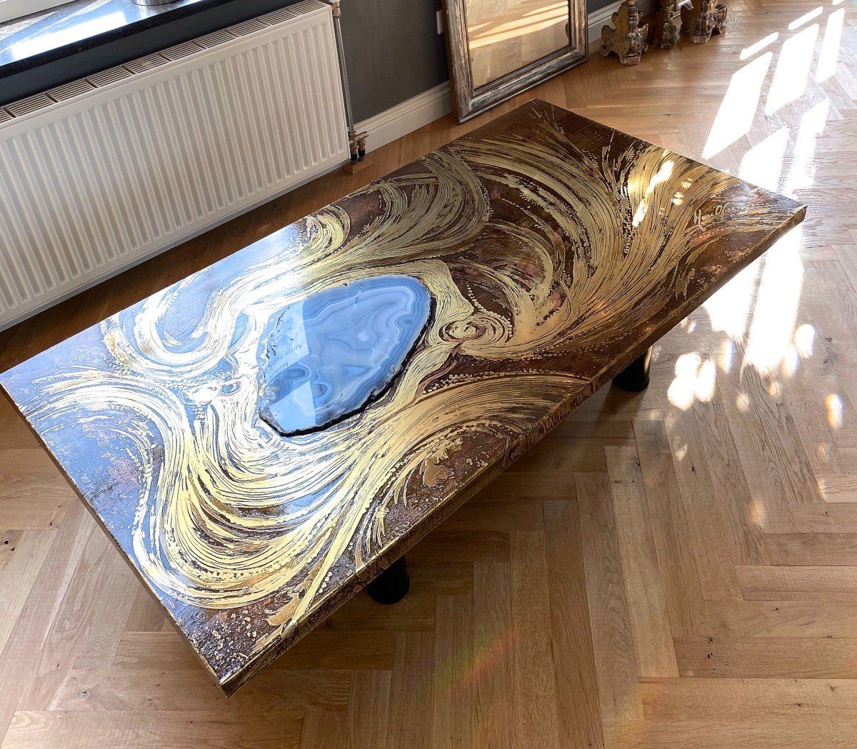 Brass Coffee Table With Agate By Marc d'Haenens, Signed, Mid Century Modern