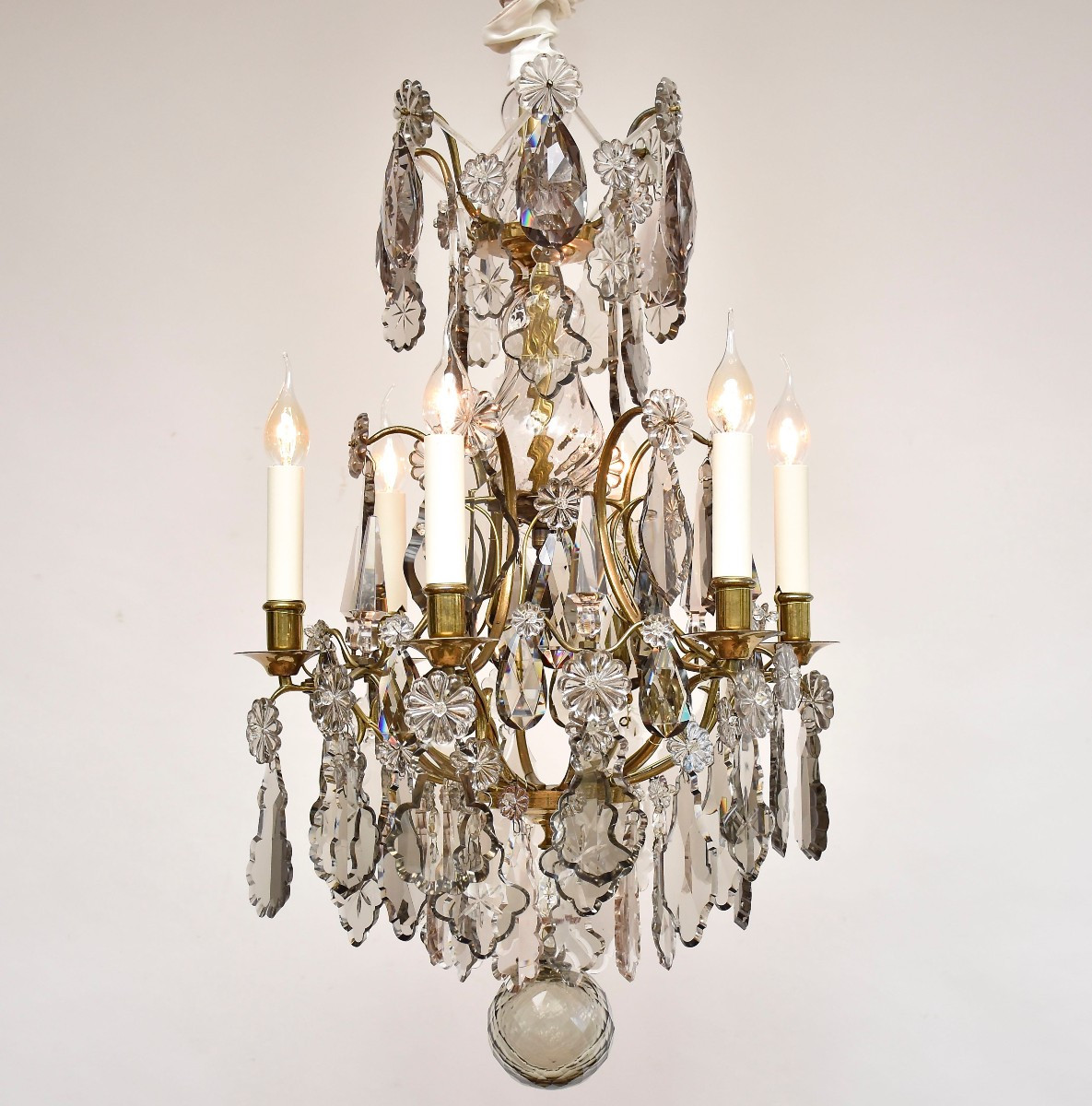 Lustre De Style Rococo En Laiton Doré Et Cristal