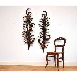 Large Gold And Patinated Flower Sconces