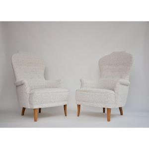 Pair Of 20th Century 'farmor' Armchairs By Carl Malmsten In Dedar Bouclé Fabric 