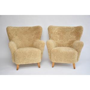 Pair Of 'laila' Sheepskin Armchairs In Honey By Ilmari Lappalainen