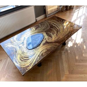 Table Basse En Laiton Avec d'Agate Par Marc d'Haenens, Signée, Milieu Du Siècle Moderne