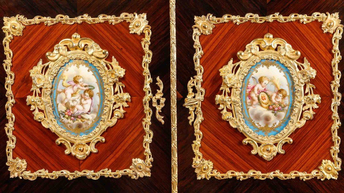 Bonheur- Du- Jour In Louis XV Style Inlaid Decorated With Sèvres Porcelain Medallions-photo-3