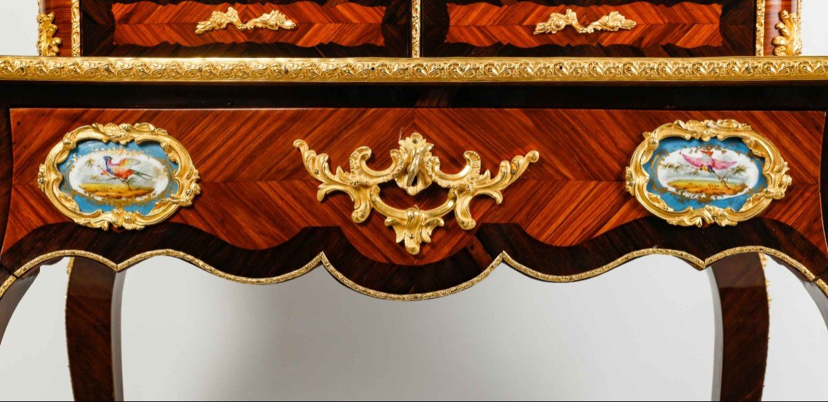 Bonheur- Du- Jour In Louis XV Style Inlaid Decorated With Sèvres Porcelain Medallions-photo-3