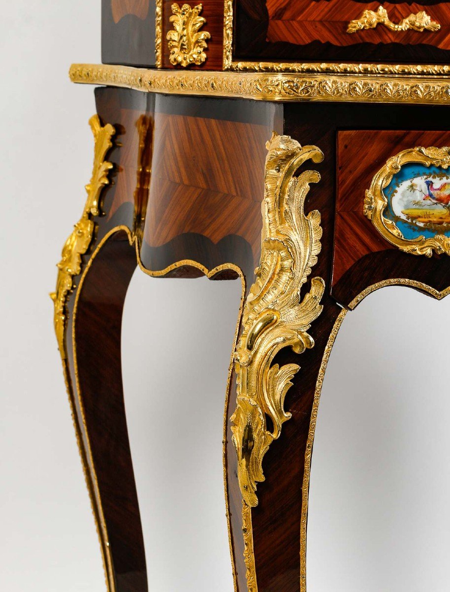 Bonheur- Du- Jour In Louis XV Style Inlaid Decorated With Sèvres Porcelain Medallions-photo-4