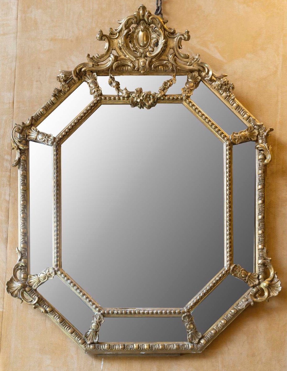 Elegant Louis XV-regency Style Beaded Mirror In Golden Wood. Napoleon III Period.