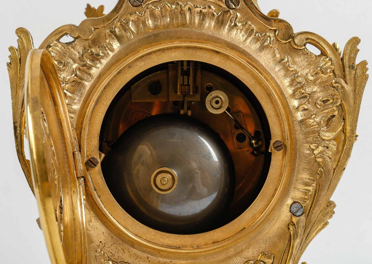 Day And Night - Small Louis XV Style Alcove Cartel In Gilt Bronze. Circa 1880-photo-3