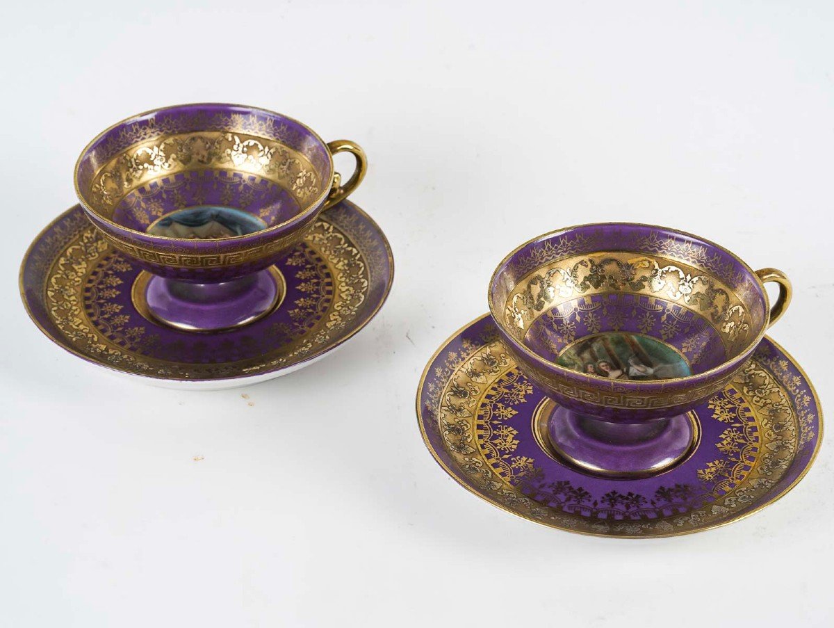 Vienne- Porcelain Tête-à-tête With Historiated Polychrome Decor On A Purple And Gold Background.-photo-5