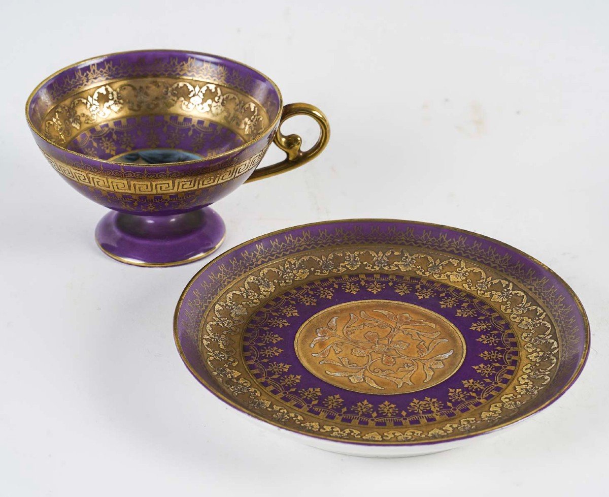 Vienne- Porcelain Tête-à-tête With Historiated Polychrome Decor On A Purple And Gold Background.-photo-6