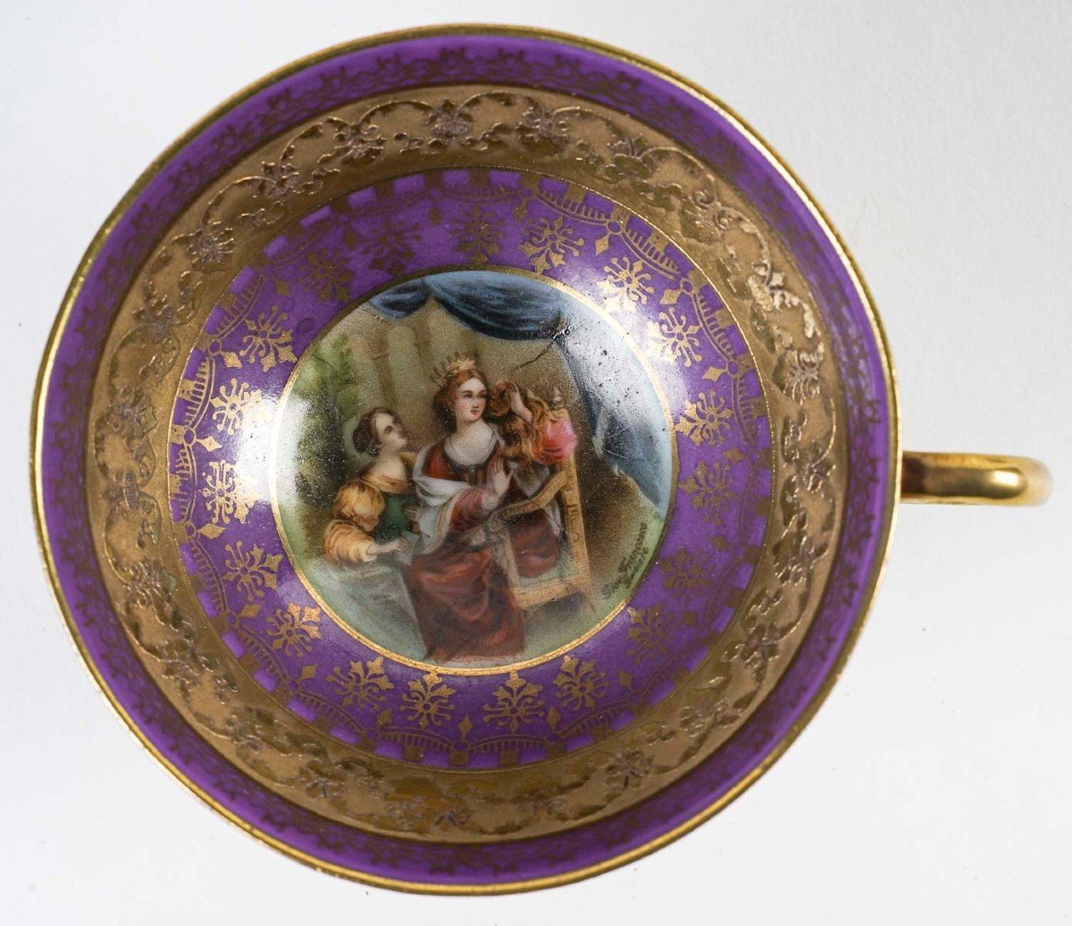 Vienne- Porcelain Tête-à-tête With Historiated Polychrome Decor On A Purple And Gold Background.-photo-8