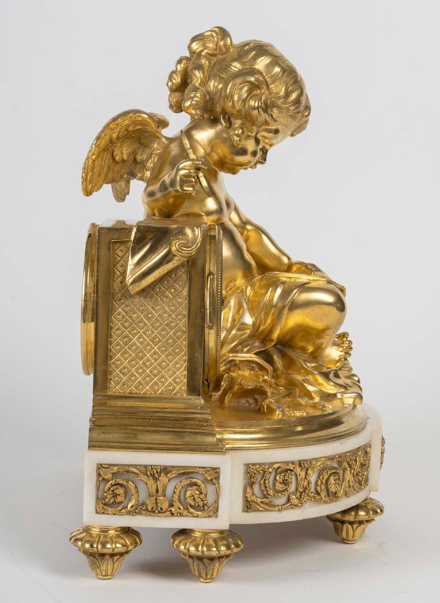 l'Amour Messager- Pendule De Style Louis XVI En Marbre Et Bronze Doré. Modèle De J.-b. Pigalle.-photo-4