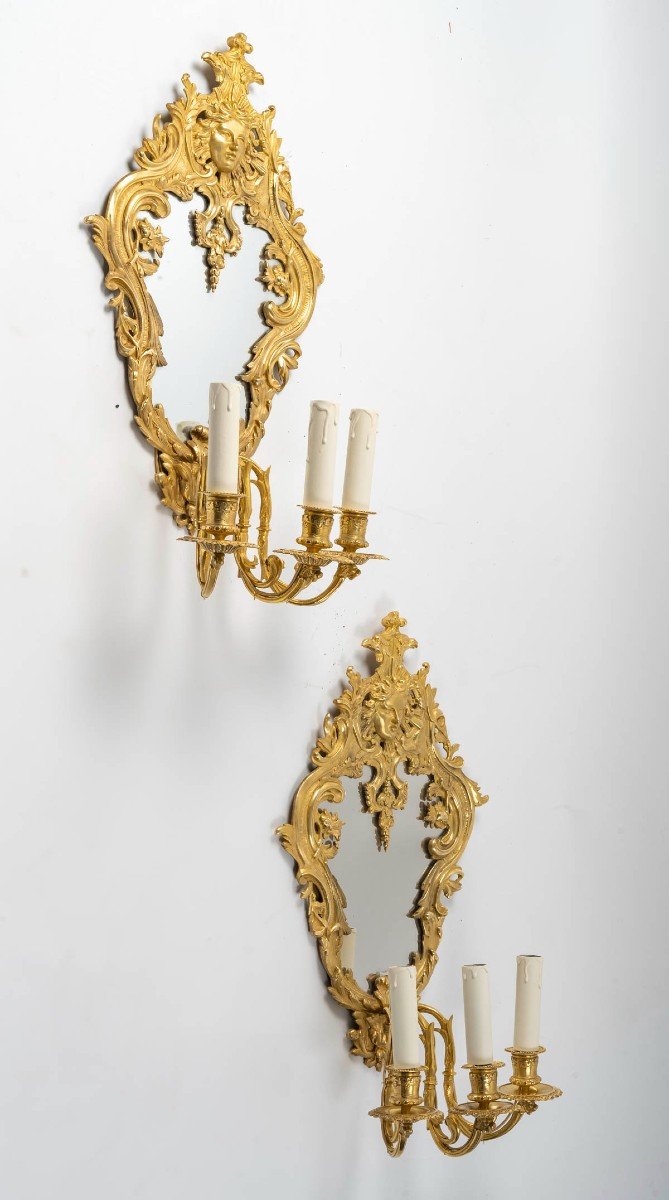 Pair Of Louis XIV Style Gilt Bronze Mirror Wall Lights. 19th Century Period-photo-4