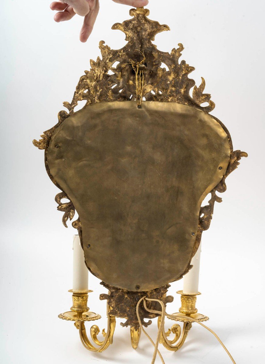 Pair Of Louis XIV Style Gilt Bronze Mirror Wall Lights. 19th Century Period-photo-3