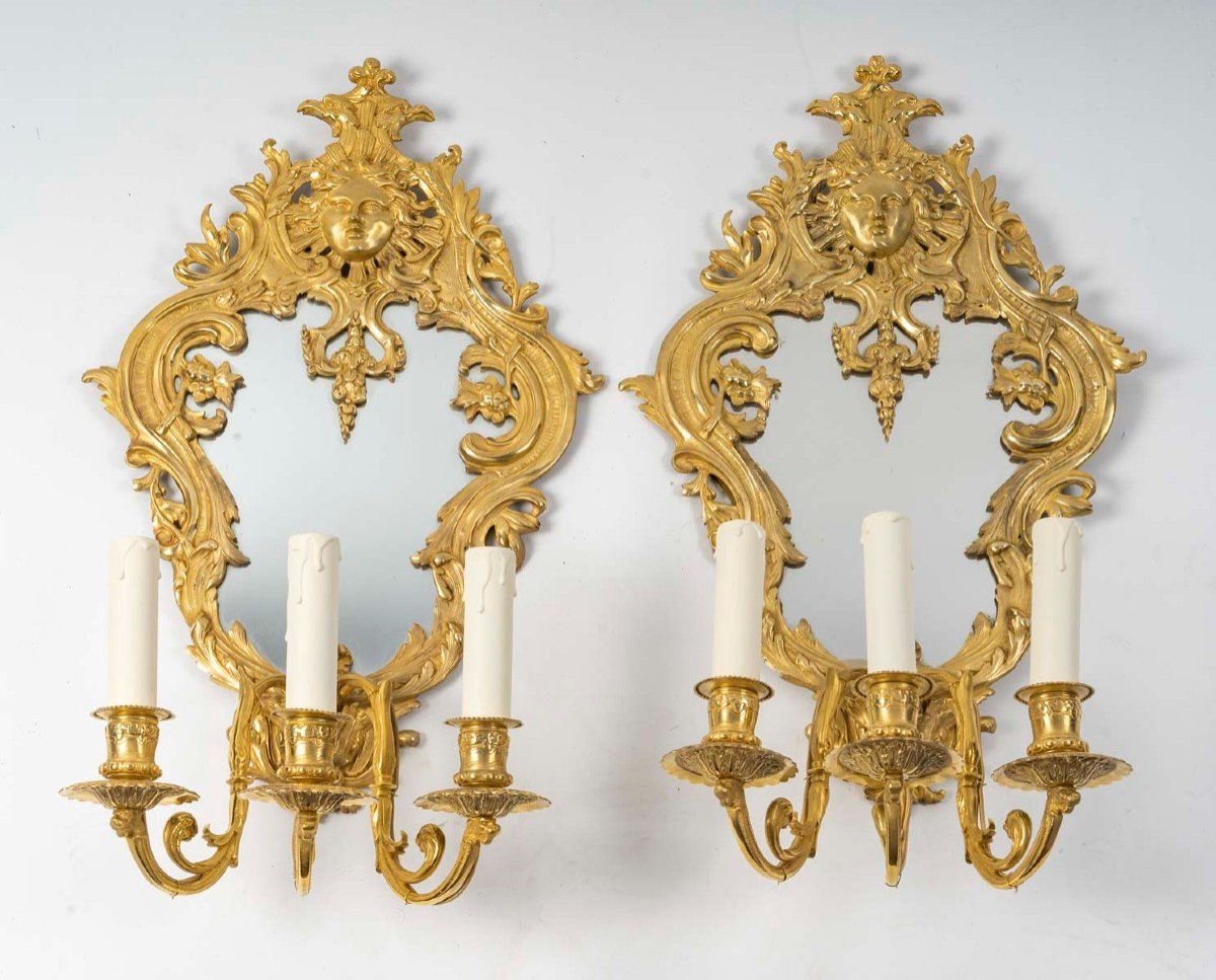 Pair Of Louis XIV Style Gilt Bronze Mirror Wall Lights. 19th Century Period